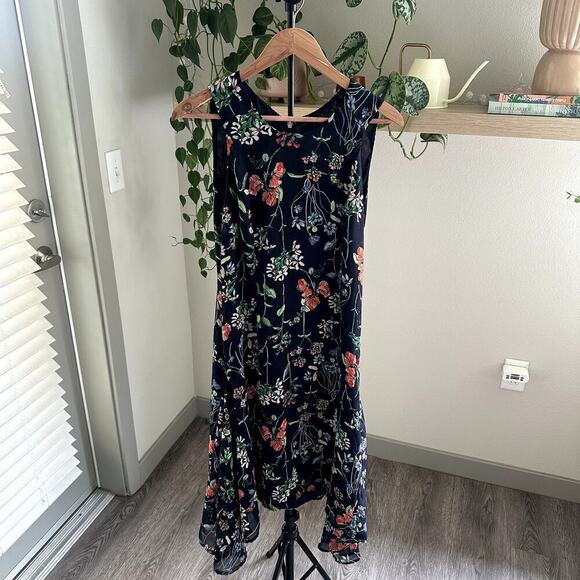 Tommy Hilfiger Navy Floral Hi-Low Midi Dress 10 Trapeze Chic Resort Boho - Picture 3 of 11